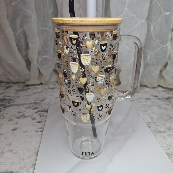 Mermaid Straw Never Used Glass Tumbler Bamboo Lid & Glass Straw Coffee Print - Picture 1 of 4